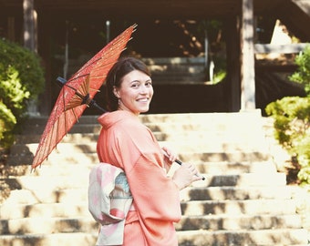 Salmon pink kimono, Japanese traditional iromujo kimono, wave pattern in light beige and silver threads (no Obi)