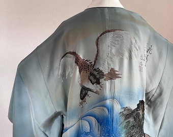 Vintage Japanse zijden juban voor heren – handbeschilderde adelaar juban – gesigneerde zijden kimono onderkleding – samurai draagbare kunst