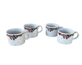 Mary Engelbreit Sakura Afternoon Tea Mugs Set of 4- Polka Dots and Flowers 1990’s