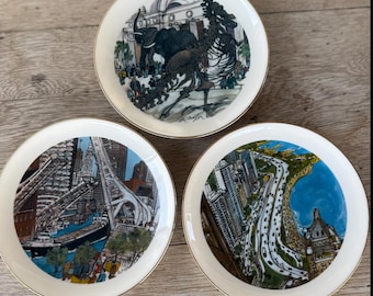 Set of 3 Franklin McMahon Chicago Collector Plates - Limited Edition 1971-1981 - Vintage Chicago Skyline Souvenir Wall Decor