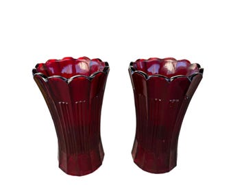 Set of 2 Vintage Ruby Red Cadmium Glass Vases Ribbed Scalloped Edges 5” Tall