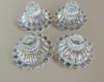 MCM Anchor Hocking Boopie Clear Glass Candlestick Holders, Set of 4, Beaded Bubble Rim