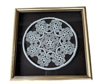 Vintage Wood Gold Framed Hand Crochet White Doily Wall Decor 11.5” x 11.5” Brown Background