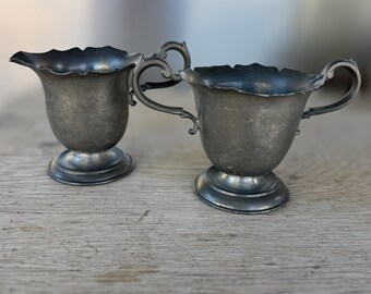 Vintage Scalloped Pewter Creamer and Sugar Bowl Set - Ornate Handled Footed Metalware