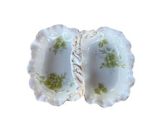 Vintage Limoges Style Porcelain Double Bowl Candy Dish with Gold Gilt Made in Bavaria