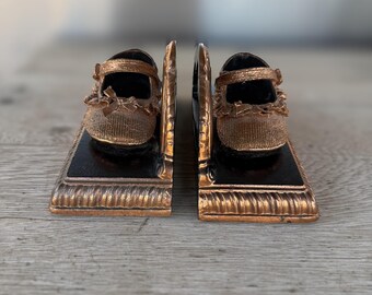 Vintage Bronzed Baby Shoe Bookends Mary Jane Girls Shoea