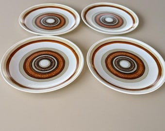 Vintage Royal China Santa Fe Cavalier Ironstone 6.5” Round Dessert Plates - Bullseye Brown Orange Tan - MCM 1970s - Set of 4