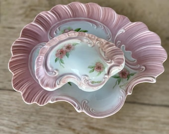 Vintage Hand Painted Porcelain Vanity Jewelry Box and Tray Artist Signed Pink Floral Patterns Scalloped Edged
