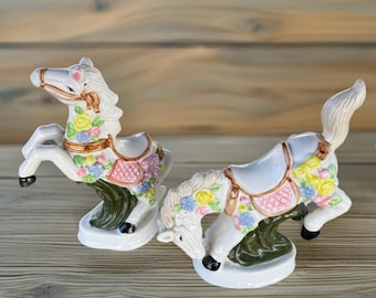 Vintage Set of 2 Floral Ceramic Horse Statues