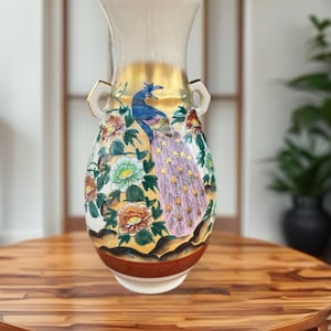 Vintage Japanese Kutani Ware Peacock And Flower Ceramic Vase Gold Accents Floral Pattern