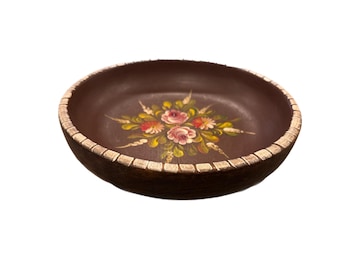 Vintage Hand Painted Wooden Bowl European Folk Art Bavarian Bauernmalerei Floral Centerpiece