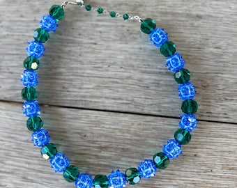 Vintage Austrian Blue Green Aurora Borealis Crystal Faceted Bead Necklace Choker