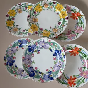 Könnte beinhalten: Ein Set aus sechs weißen Keramiktellern mit floralen Designs. Jeder Teller zeigt einen anderen Blumenkranz, darunter gelbe Narzissen, lila Iris und orangefarbene Lilien. Die Teller haben einen goldenen Rand.