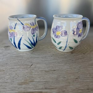 Set of 2 Floral Barrel Shaped Pottery Coffee Mugs Hand Painted Purple Flowers Light Blue Handles Japanese Inspired
