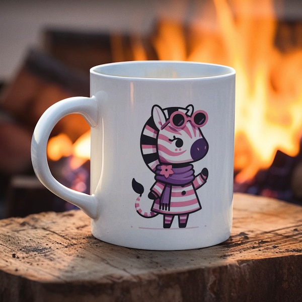 Stylish Zebra Fashion Cup: Zuri's Pink and Purple Mug, Youthful Scarf Teacup, Vibrant African Drinkware for Young Trendsetters