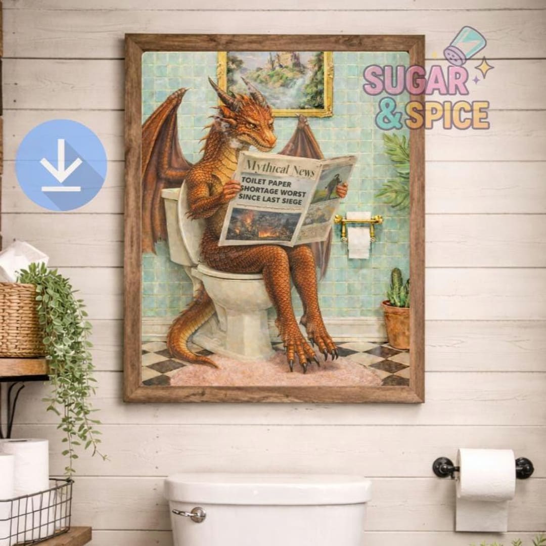 Funny Dragon Bathroom Wall Art Print | Whimsical Toilet Art | Fantasy ...