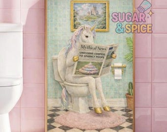 Grappige eenhoorn badkamer muurkunst print | Grillige toiletkunst | Fantasie mystiek badkamerdecor | Badkamerkunstwerk | Eigenzinnige badkamerprint