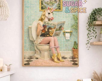 Grappige eenhoorn badkamer muurkunst print | Grillige toiletkunst | Fantasiedraak badkamerdecoratie | Badkamerkunstwerk | Eigenzinnige badkamerprint