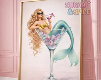 Cocktail Mermaid Wall Art Printable | Glam Bathroom & Bar Decor | Beachy Mermaid Art | Poolside Cocktail Print | Ibiza Style Cocktail Glam