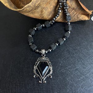 Hematite Lava Stone Necklace with Black Zircon Pendant Hematite Necklace Gemstone Necklace for Men Protective Jewelry Healing Necklace