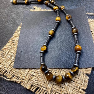 Tiger Eye & Lava Stone Necklace Natural Crystal Energy Necklace Tiger’s Eye Necklace for Men Healing Necklace Vicano Stone Necklace