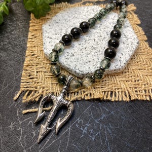 Trident Pendant Necklace Garden Crystal Necklace Black Obsidian Necklace Natural Crystal Necklace Gemstone Jewelry Protective Jewelry