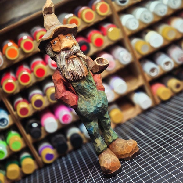 Hand Carved Hillbilly, with Tobacco Pipe. Floppy Hat & Overalls, Country fella, folkart, woodart, old man, Gramps, grandpa, ozark