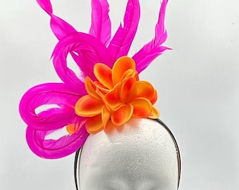 Hot Pink Orange Feather Fascinator, Kentucky Derby Statement Headpiece