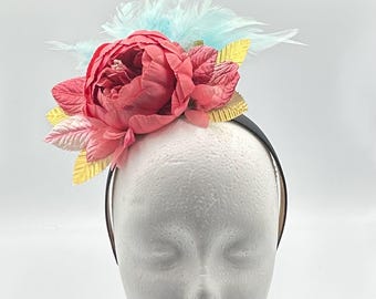 Coral Peony Floral Fascinator, Aqua Feather Headband, Kentucky Derby Hat