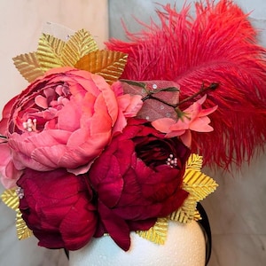 Wine Red and Pink Floral and Feather Fascinator Headpiece