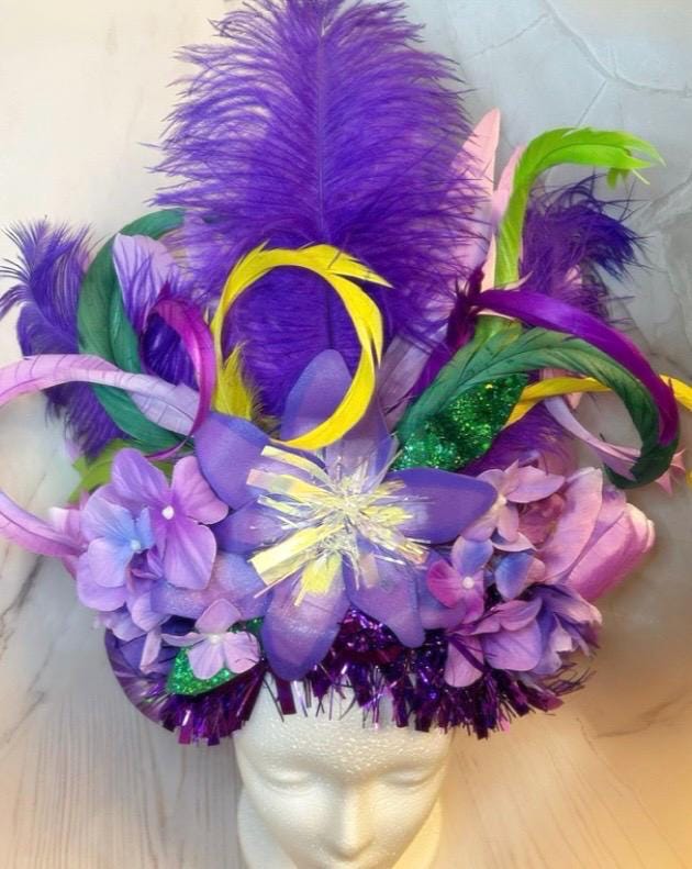 Mardi Gras Feather Headdress: Purple, Green, Gold Floral 