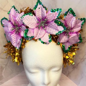 Serre-tête floral violet et vert de mardi gras avec guirlande d'or