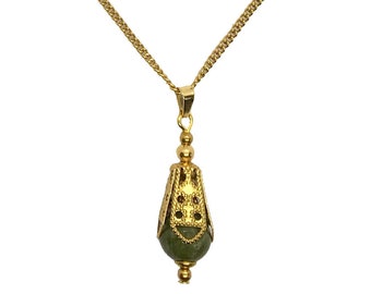 Farah 18k gold plated necklace with green Jade gemstone and brass filigree pendant