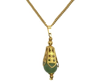 Farah 18k gold plated necklace with green Aventurine gemstone and brass filigree pendant