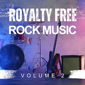 May include: Image of a drum set, bass guitar, and amplifier on a stage with the text "ROYALTY FREE ROCK MUSIC VOLUME 2". The background is a mix of blue, purple, and pink hues, creating a vibrant atmosphere. The instruments are in focus.