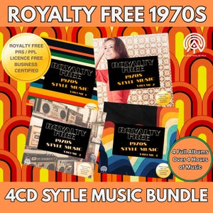 Peut inclure: Un coffret de musique 4CD avec de la musique de style des années 1970 sans redevance. Les pochettes d'album affichent des motifs rétro et le texte "Royalty Free 1970s Style Music" avec les numéros de volume. Comprend plus de 4 heures de musique.