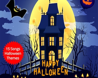 May include: A spooky Halloween illustration featuring a dark blue haunted house with glowing windows, a full yellow moon, a bat flying in the night sky, and jack-o'-lantern pumpkins. The text "Happy Halloween" is written in orange letters in front of the house. The image also includes a red starburst with the text "15 Songs Halloween Themes".