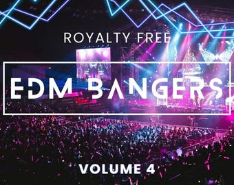 May include: A digital album cover featuring a concert scene with a large crowd and stage lights. The text reads ROYALTY FREE, EDM BANGERS, and VOLUME 4. The image is overlaid with blue neon geometric lines against a dark, purple-toned background.