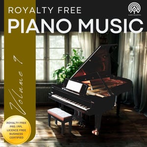 Pode incluir: Um piano de cauda preto com um banco a condizer é apresentado nesta imagem. As palavras "ROYALTY FREE PIANO MUSIC" são exibidas no topo. O texto "Volume 7" está à esquerda, com um selo dourado que diz "ROYALTY FREE PRS/PPL LICENCE FREE BUSINESS CERTIFIED".