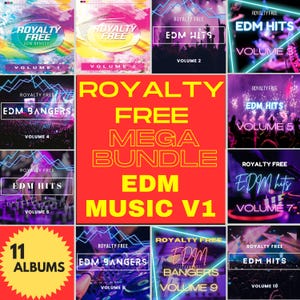 May include: A compilation of 11 EDM music albums, showcasing colourful cover designs with neon highlights and the words "Royalty Free." The bundle includes "EDM Hits" and "EDM Bangers" volumes, with a central graphic reading "Royalty Free Mega Bundle EDM Music V1."