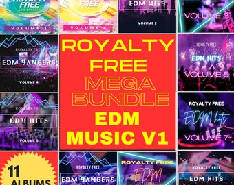 Könnte beinhalten: Eine Sammlung von 11 EDM-Musik-Alben mit lebendigen Cover-Artworks mit Neon-Akzenten und dem Text "Royalty Free". Das Bundle enthält "EDM Hits" und "EDM Bangers" Volumes, mit einem zentralen Grafik "Royalty Free Mega Bundle EDM Music V1."