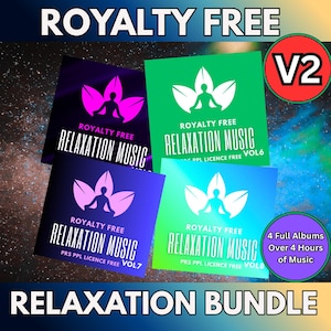 May include: A bundle of four square album covers with the text "ROYALTY FREE RELAXATION MUSIC". Each cover has a different color scheme: purple, green, blue, and a fourth with a purple circle. The text "RELAXATION BUNDLE" is at the bottom.