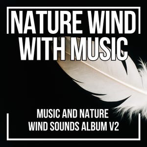 Könnte beinhalten: Eine weiße Feder vor schwarzem Hintergrund mit dem Text NATURE WIND WITH MUSIC oben und MUSIC AND NATURE WIND SOUNDS ALBUM V2 unten, jeweils in weißen rechteckigen Rahmen.