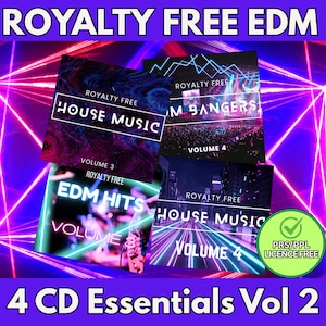 May include: Four CD cases are displayed, each with neon-style graphics and the text "ROYALTY FREE EDM" at the top. Titles include "House Music" and "EDM Hits". The bottom text reads "4 CD Essentials Vol 2".