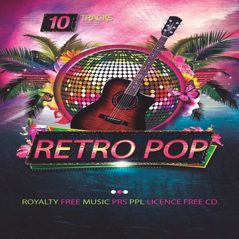 May include: A colorful album cover with a disco ball and an acoustic guitar. The text "Retro Pop" is in large, bold letters. The album contains 10 royalty free tracks.  "ROYALTY FREE MUSIC PRS PPL LICENCE FREE CD" is printed at the bottom.