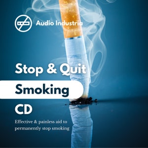 May include: A white CD with the text "Stop & Quit Smoking" and "Audio Industria" on a blue background. The CD is a smoking cessation aid.
