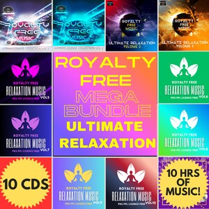 May include: A compilation of relaxation music CDs, featuring a logo of a meditating figure within a lotus flower. The covers display volume numbers and the words "Ultimate Relaxation". The bundle includes 10 CDs and 10 hours of music, ideal for relaxation.
