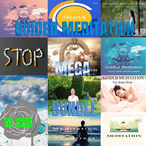 Op de afbeelding: Een collage van afbeeldingen die geleide meditatie promoten. Tekst omvat "Geleide Meditatie", "Tinnitus", "Voor Stress" en "Mega Bundle". Afbeeldingen tonen mediterende mensen, natuurscènes en het woord "STOP" gevormd door sigaretten.