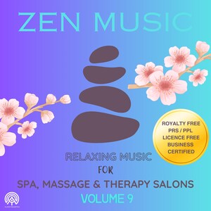 Könnte beinhalten: Ein digitales Albumcover mit einem blau-violetten Farbverlauf im Hintergrund. Die Worte "ZEN MUSIC" stehen oben. In der Mitte befindet sich ein Stapel dunkelbrauner Steine, mit Kirschblüten auf beiden Seiten. Der Text "RELAXING MUSIC FOR SPA, MASSAGE & THERAPY SALONS VOLUME 9" steht unten.