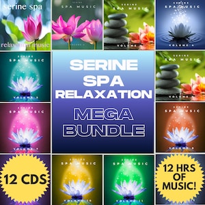 May include: A collection of CD covers for Serene Spa Relaxation music. The covers feature images of lotus flowers, stacked stones, and water with glowing effects. The text includes "Serene Spa Music" and "Mega Bundle".